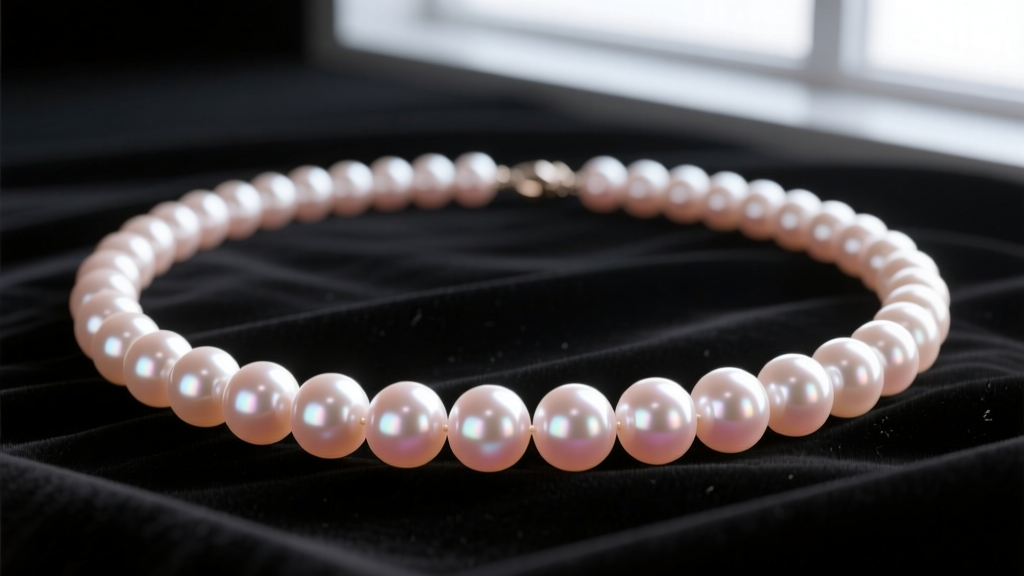 Close-up of an 18-inch Akoya pearl necklace on dark velvet, highlighting sharp luster and rose overtones of round 7mm pearls.
