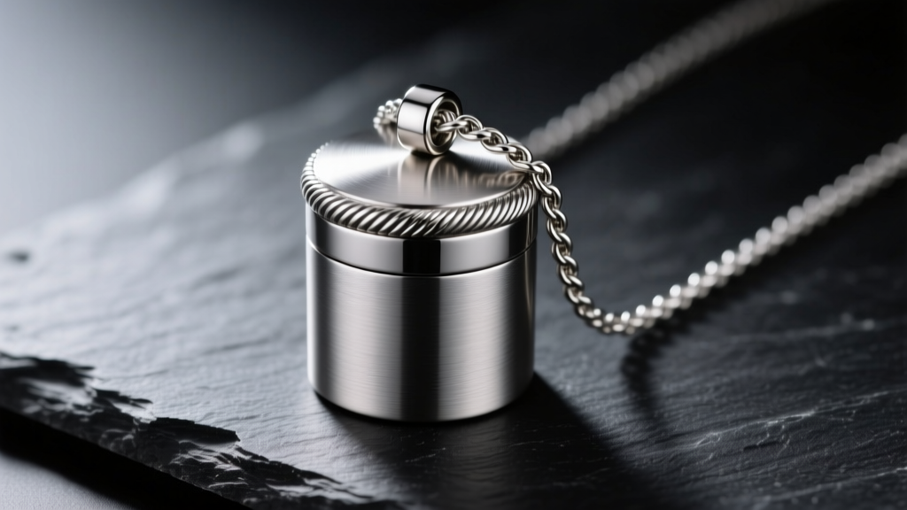 Close-up of a brushed 316L stainless steel urn necklace for ashes on dark slate, moody lighting highlighting the threaded cap detail.