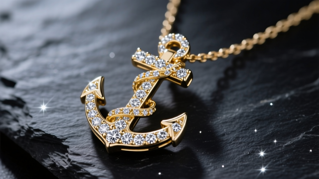 Close-up macro photography of a 14k white gold diamond anchor necklace resting on dark slate, highlighting the pave diamond flukes.