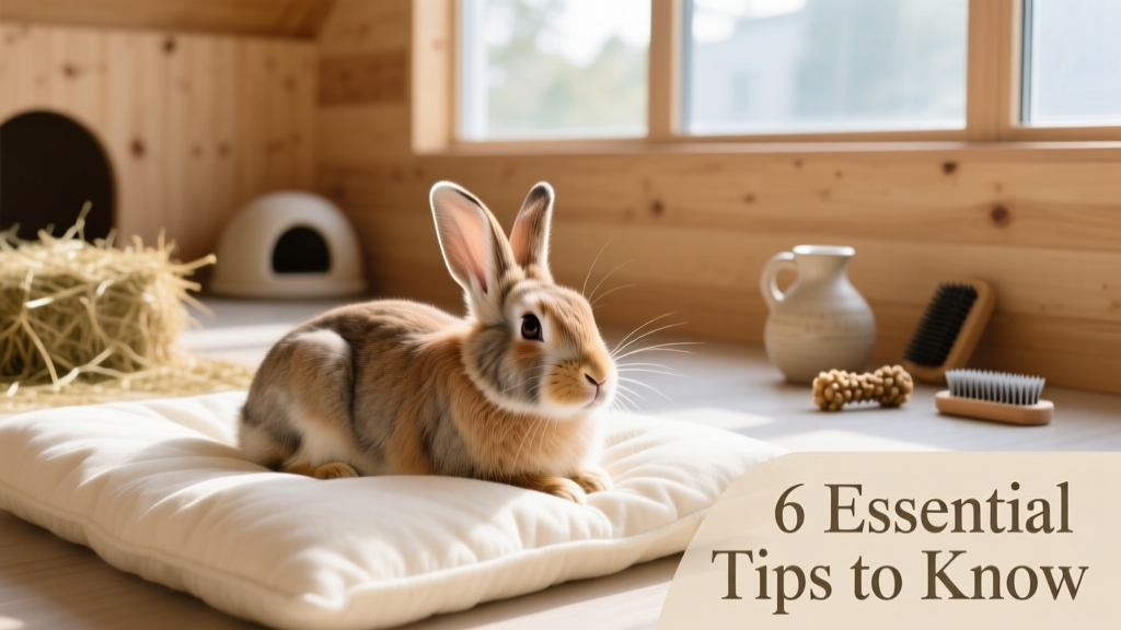 A calm, healthy rabbit resting on soft bedding in a spacious indoor enclosure