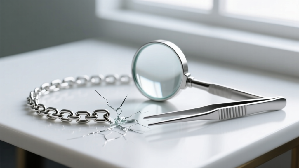 Macro shot of a broken 1.2mm sterling silver box chain link next to a jeweler's loupe and tweezers on a clean white ceramic desk.