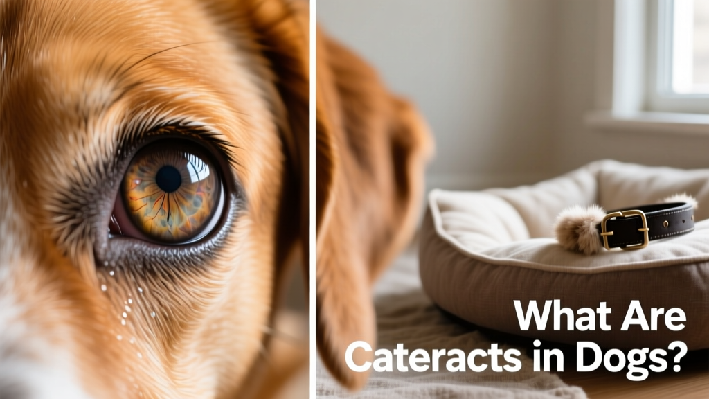 Close-up photo comparing a healthy dog eye with a clear lens versus one showing early cataract clouding behind the iris