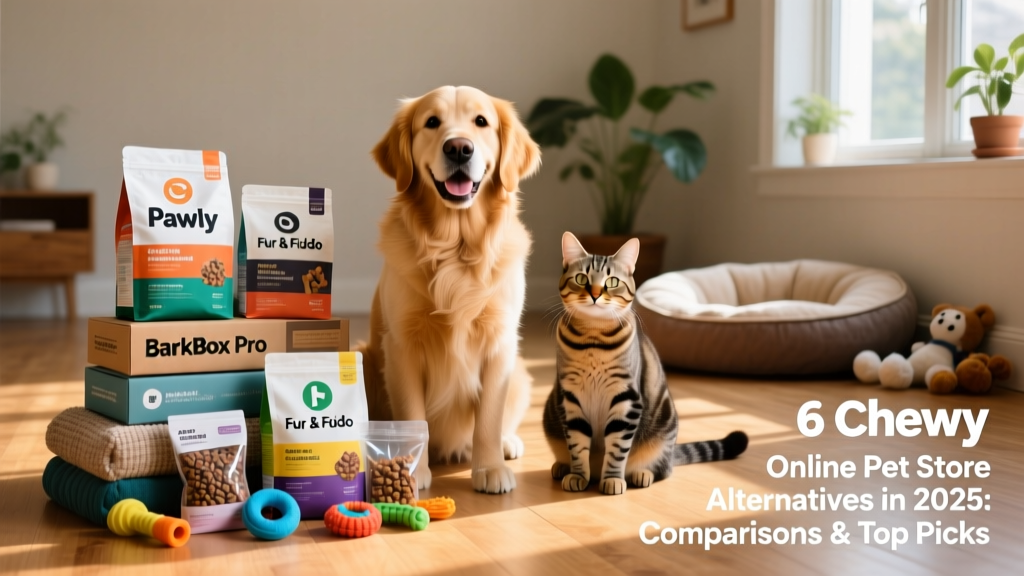 A happy dog and cat sitting beside a curated stack of pet food bags, treats, and toys delivered in branded packaging
