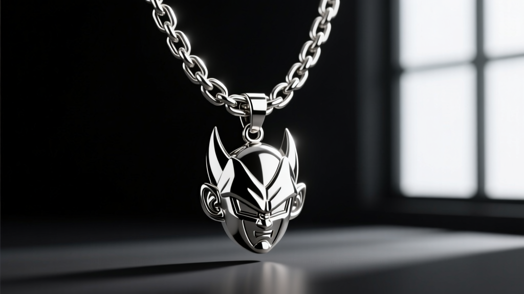 A thick 4mm stainless steel curb chain holding a heavy King Vegeta face pendant, photographed against a matte black background.