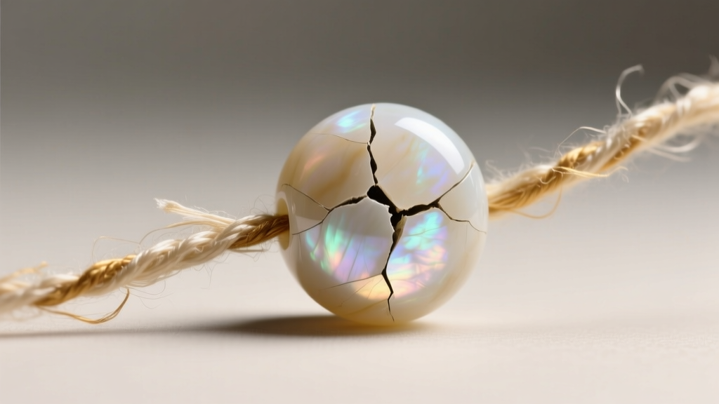 Macro shot of frayed vintage silk thread emerging from a cracked 8mm moonstone bead under bright, focused jeweler
