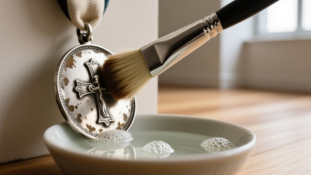 Soft goat-hair brush gently cleaning a tarnished sterling silver vintage religious medal, with a bowl of mild soapy water near.
