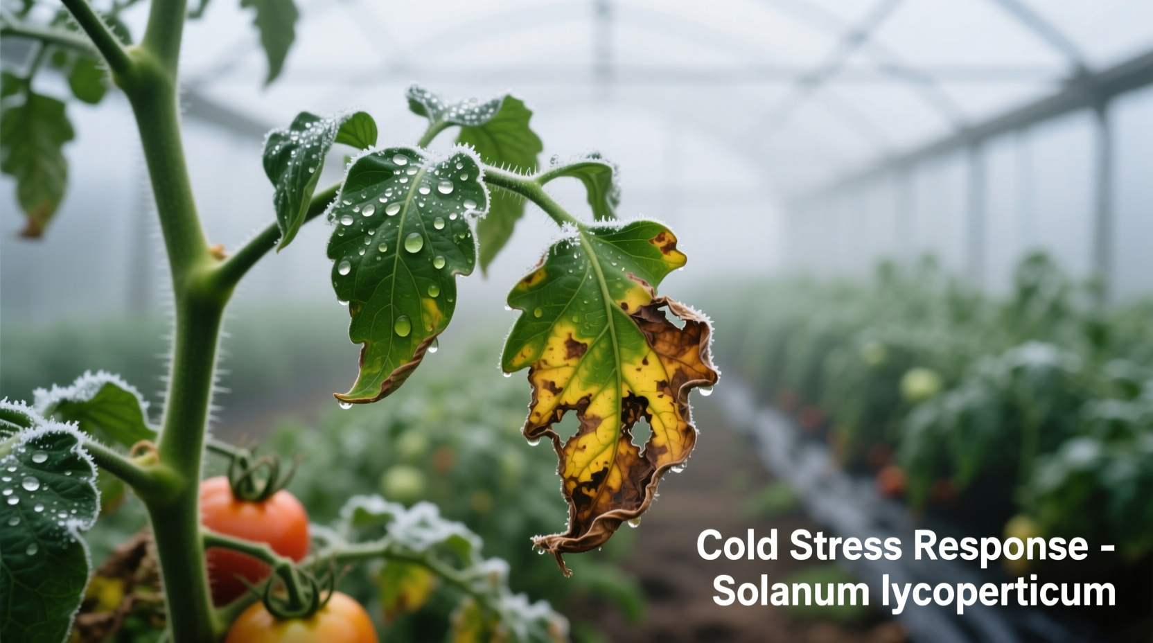 Tomato plant showing signs of cold damage with discolored leaves