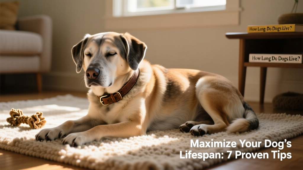 Senior dog resting peacefully on a sunlit rug, looking calm and content