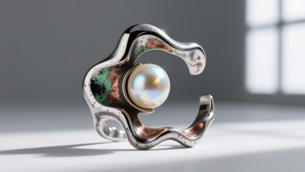 Asymmetrical oxidized silver ear cuff with melted metal texture and a baroque pearl against a stark grey studio backdrop