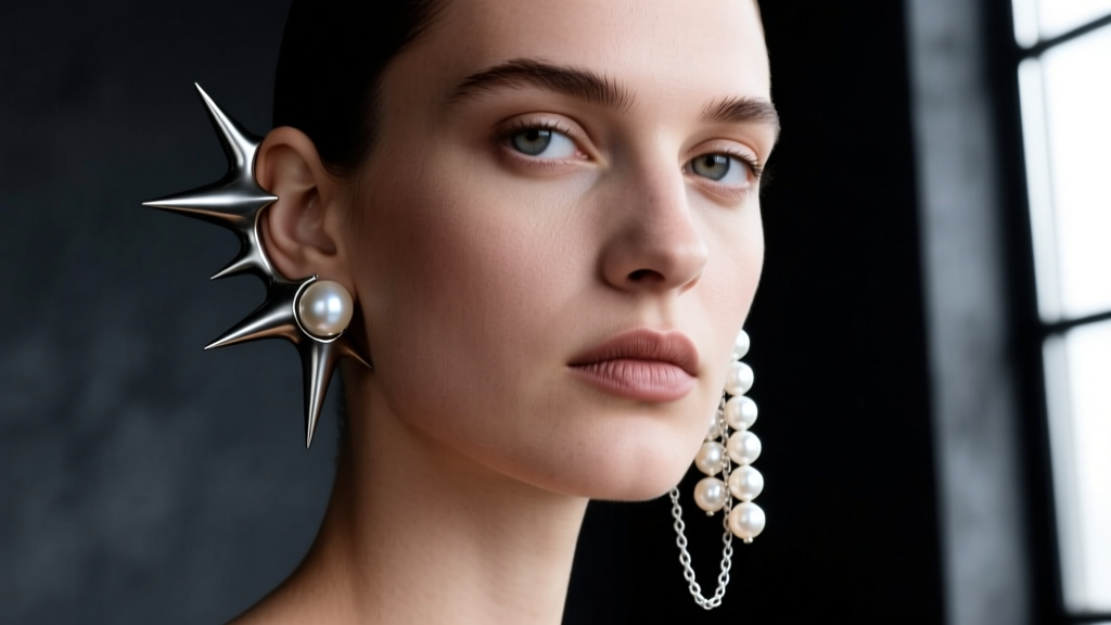 Close-up of model wearing asymmetric Justine Clenquet mixed-metal spike and pearl earrings against a dark, moody studio background.
