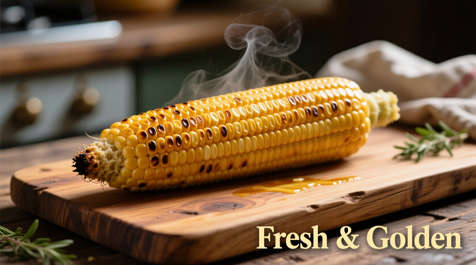 Freshly baked corn on cob with golden kernels on wooden board