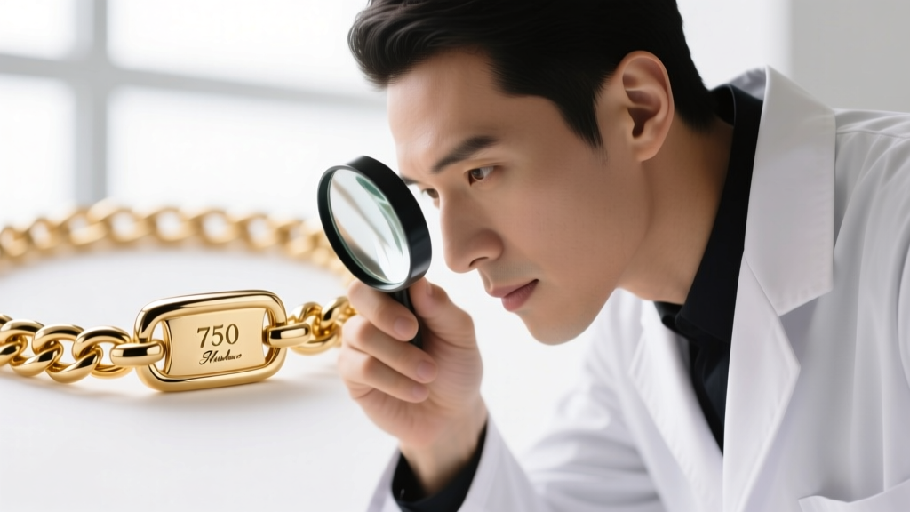 Jeweler using a loupe to inspect a gold chain clasp, revealing tiny 750 and maker marks in sharp focus against a bright background