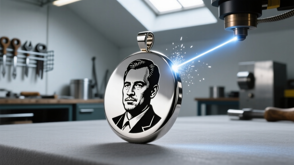 Macro shot of a fiber laser engraving a high-contrast portrait onto a polished stainless steel memorial pendant in a workshop.