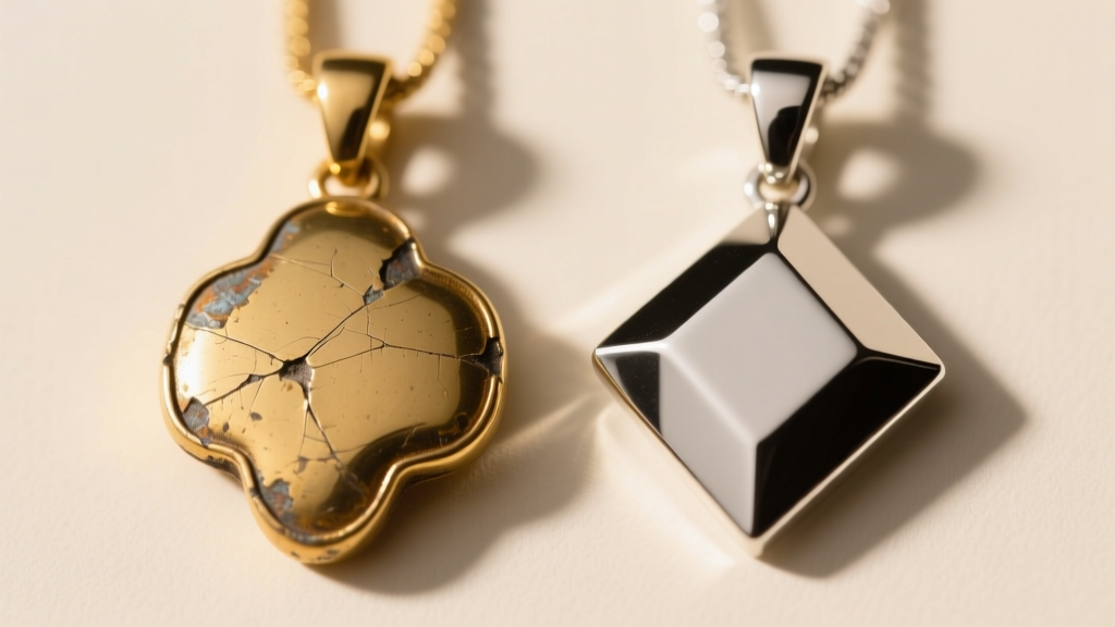 A scratched matte gold cornicello pendant next to a pristine one under warm studio lighting, emphasizing surface wear and dullness.