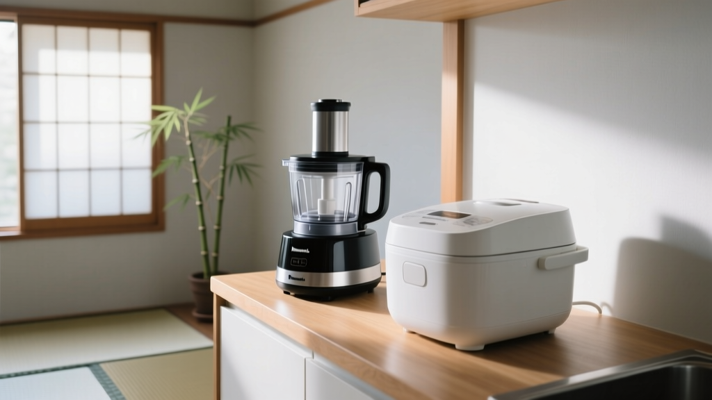Compact Panasonic food processor sitting on a narrow wooden counter next to a rice cooker in a small Japanese apartment kitchen