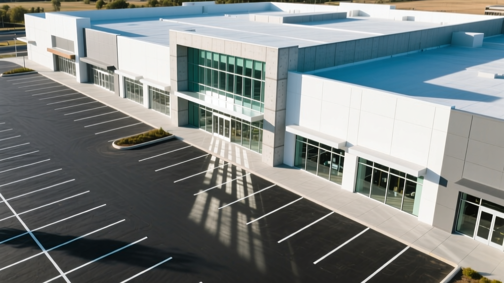 Aerial view of a newly constructed modern shopping plaza with tilt-up concrete walls, glass storefronts, and expansive asphalt parking lot