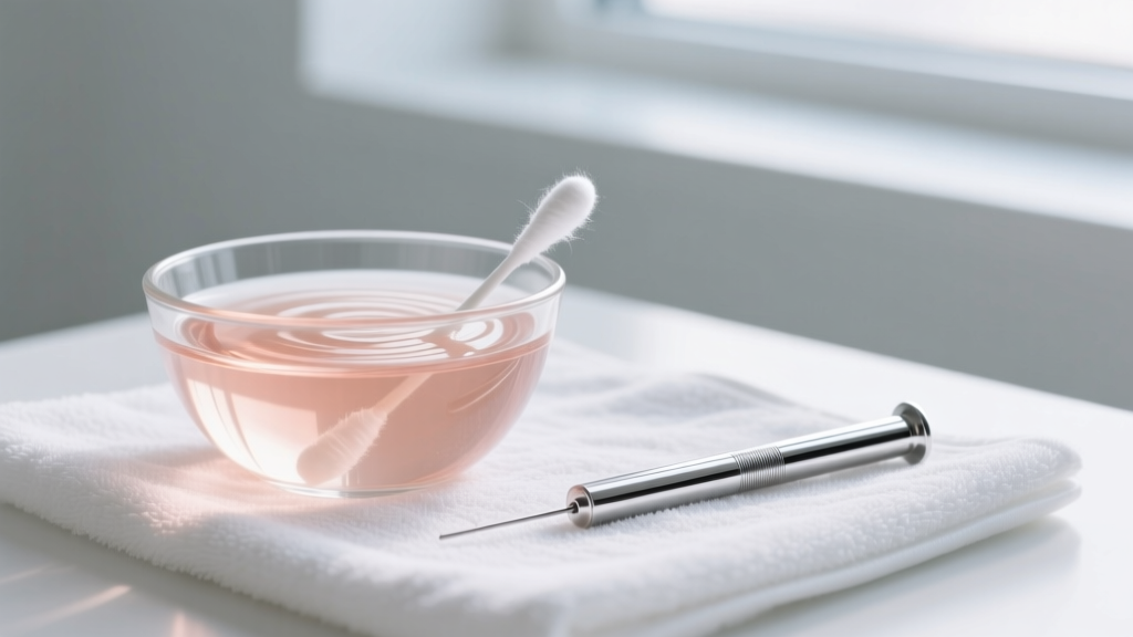 Glass bowl of warm sterile saline next to a clean cotton swab and a polished steel insertion taper resting on a clean white towel.