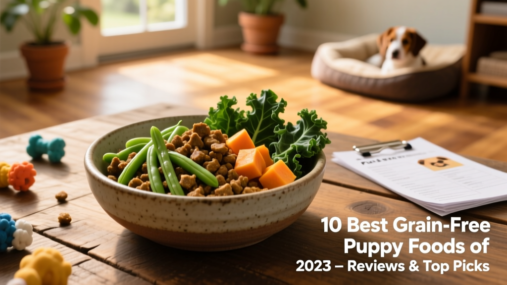 A bowl of fresh, moist pork-based puppy food with visible green beans, squash, and kale pieces