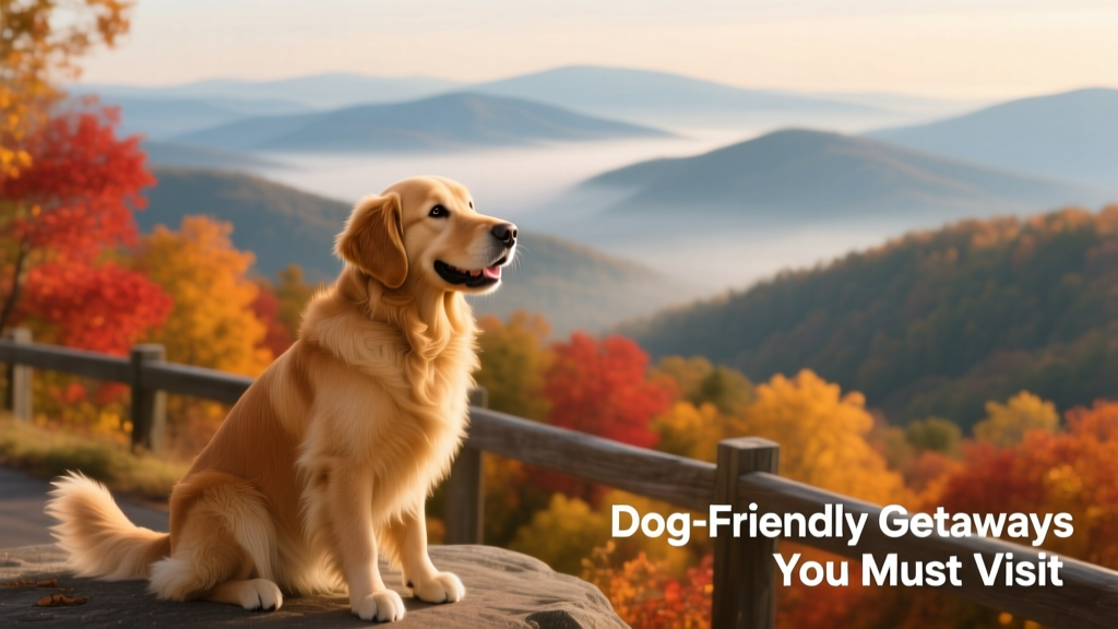 A golden retriever sitting beside a scenic overlook on Skyline Drive, overlooking misty Blue Ridge Mountains in fall