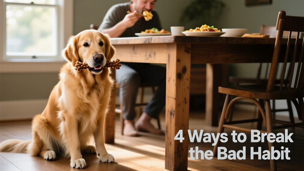 A dog sitting politely beside a dining table while their owner eats, looking relaxed and focused on a chew toy