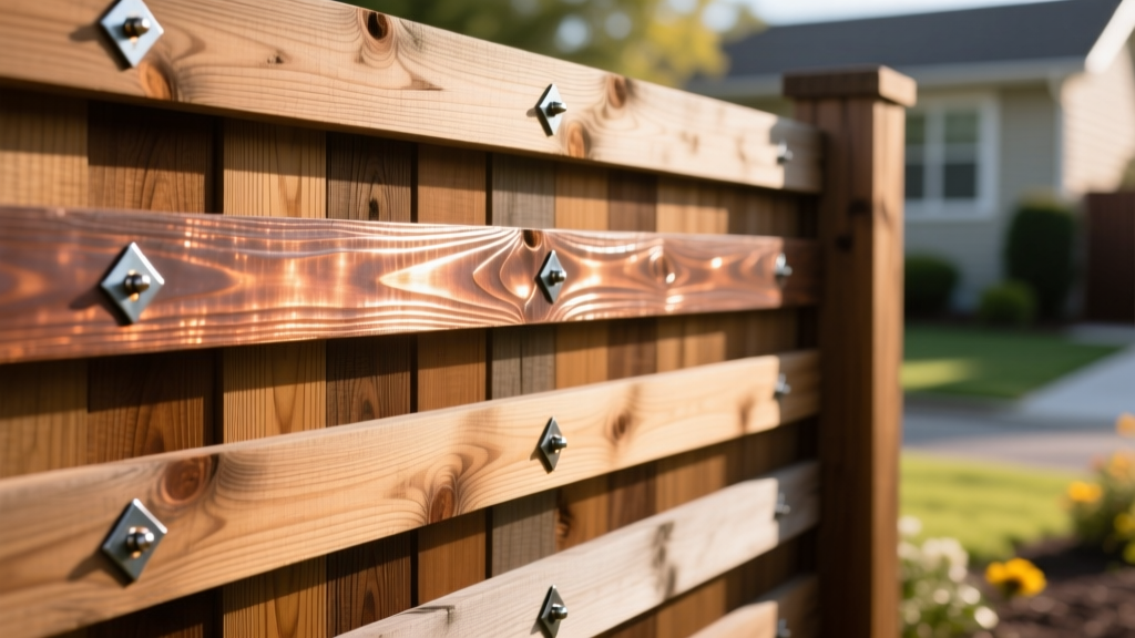 Shadowbox cedar fence with applied copper preservative highlighting overlapping boards and hot-dipped galvanized steel fasteners