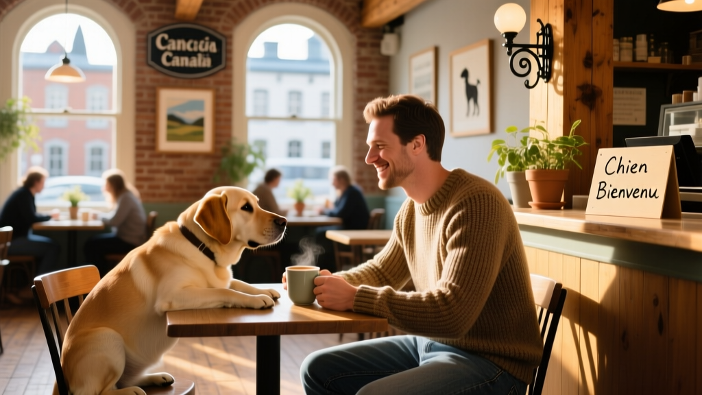A relaxed pet parent and dog sharing a quiet moment at a cozy, sunlit café in Québec City