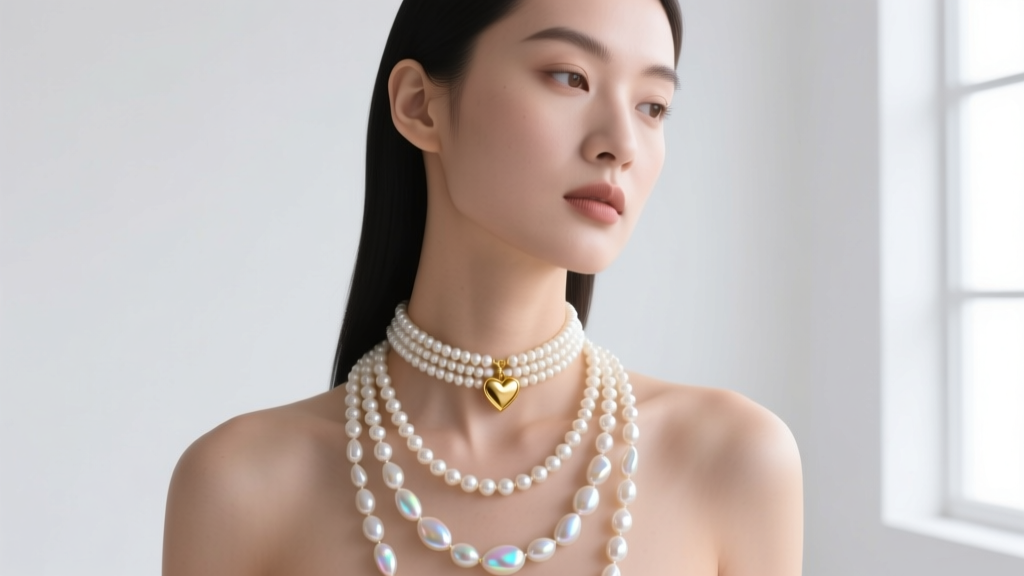 Model wearing a 16-inch choker of 6mm pearls with a tiny gold heart, layered with a 20-inch strand of 9mm baroque pearls.