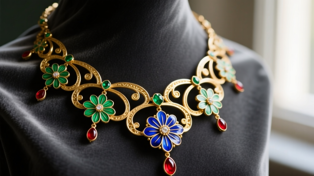 Close-up of an antique Art Nouveau gold festoon necklace with delicate guilloche enamel floral pendants on dark gray velvet fabric.