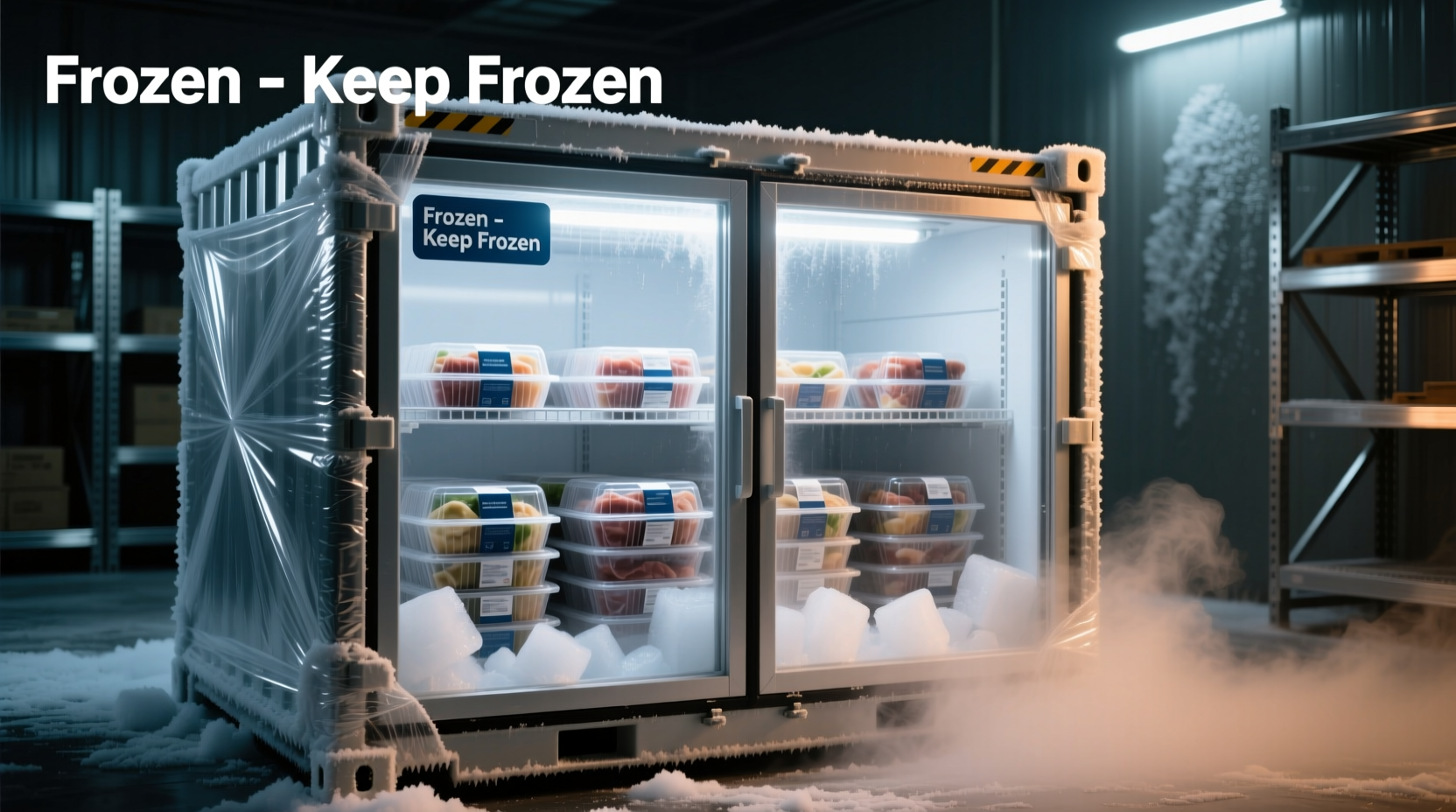 Properly packaged frozen food shipping container with dry ice