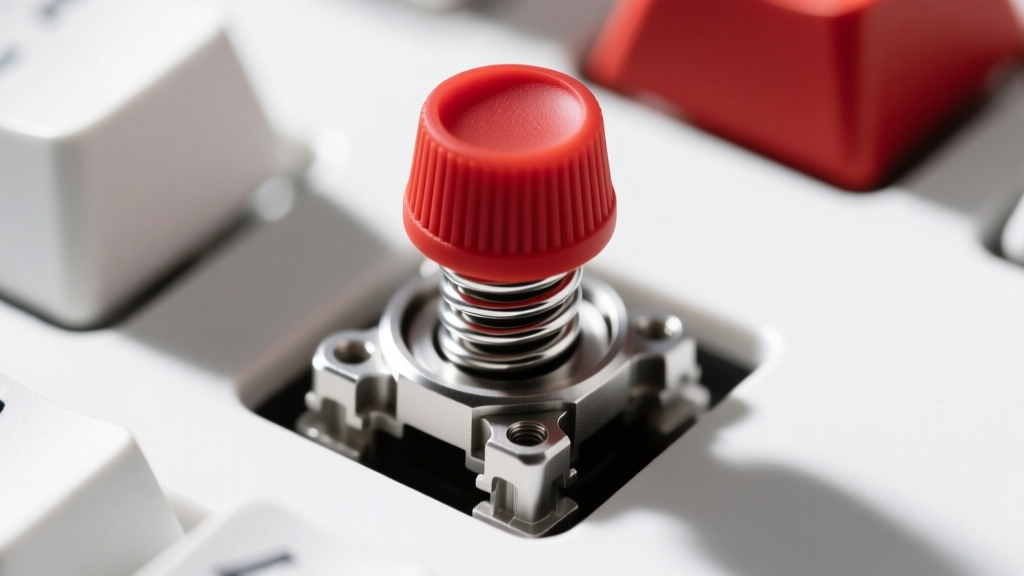 Macro shot of a disassembled Topre 45g switch showing the red silicone dome and conical steel spring on a white background