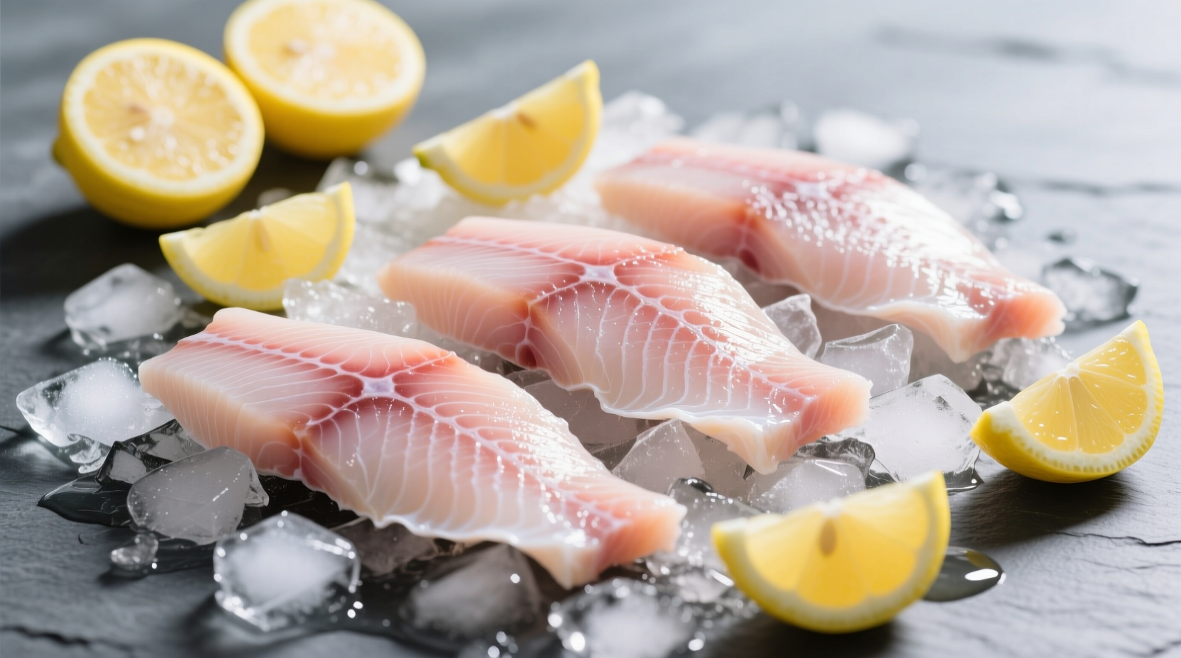 Fresh walleye fillets on ice with lemon wedges