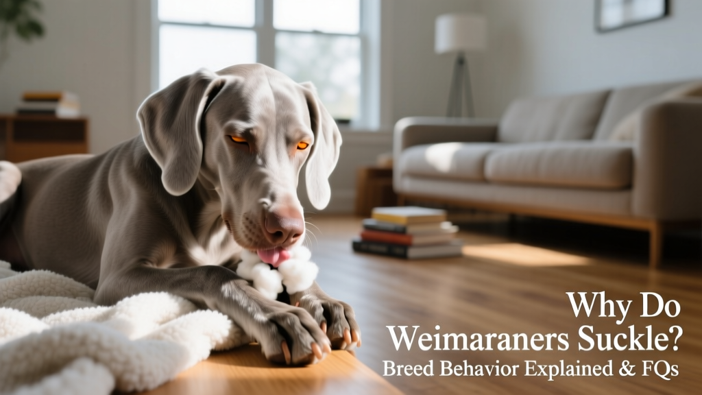 A Weimaraner gently sucking on a soft blanket or plush toy, eyes half-closed in contentment