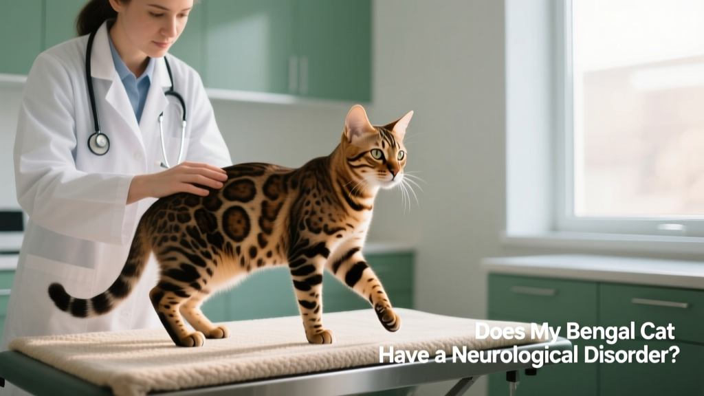 Veterinarian gently examining a Bengal cat’s gait and reflexes during a neurological assessment