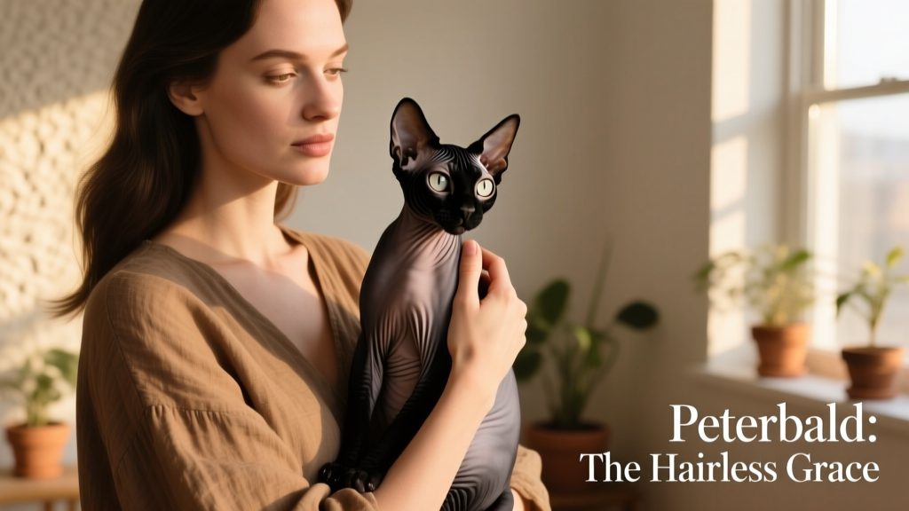 woman holding a black Peterbald kitten in one hand