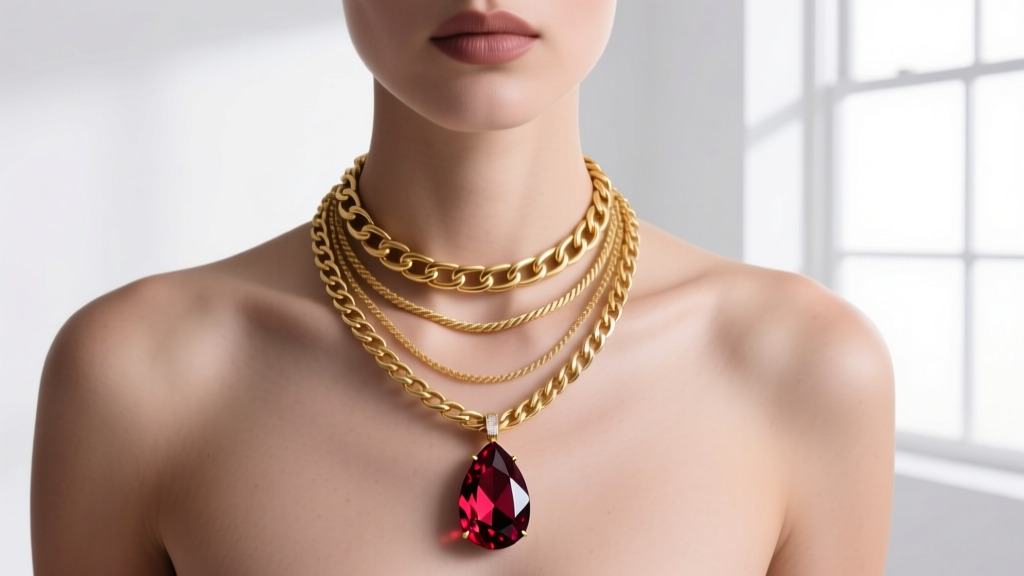 Model wearing a layered stack with a 16-inch 14k gold box chain and a 20-inch rope chain holding a faceted teardrop garnet