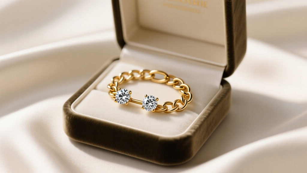 Open velvet box revealing a 14k gold double-lobe connector chain and two diamond studs resting on cream silk fabric backdrop