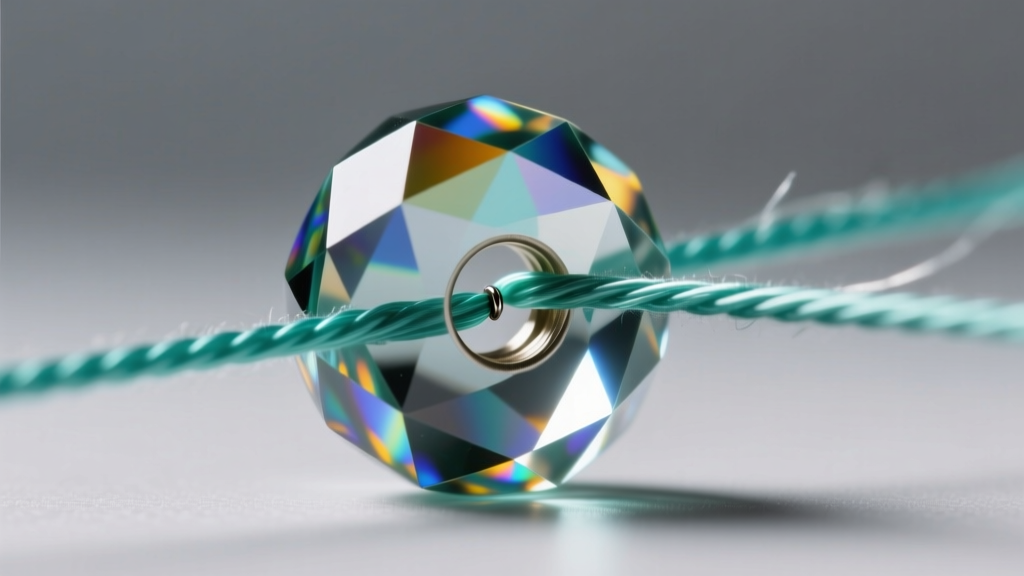Extreme close-up of thermally fused polyethylene beading thread passing through the 0.8mm drill hole of a faceted Czech glass bead