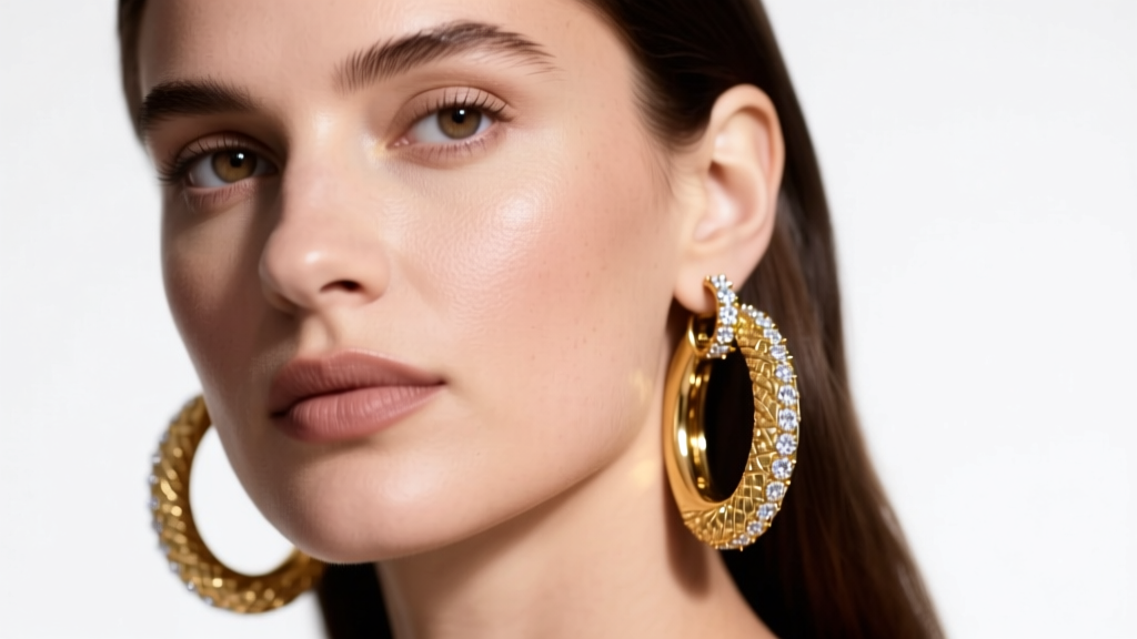 Close-up portrait of a woman wearing layered 14k gold chunky hoops and diamond pavé huggies, studio lighting, high fashion style.