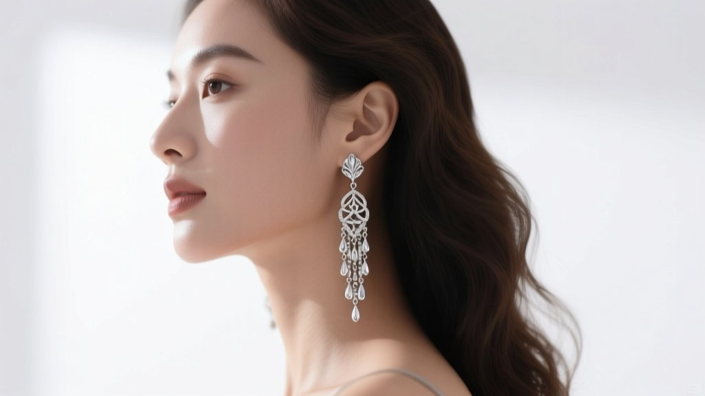 Side profile of a woman wearing silver chandelier drop earrings, showing how length elongates a round face shape in soft daylight.