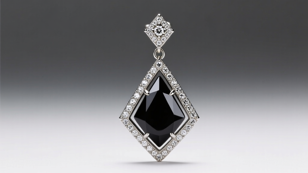 Close-up of a vintage 1920s onyx and diamond geometric drop earring with intricate milgrain detailing under studio lighting