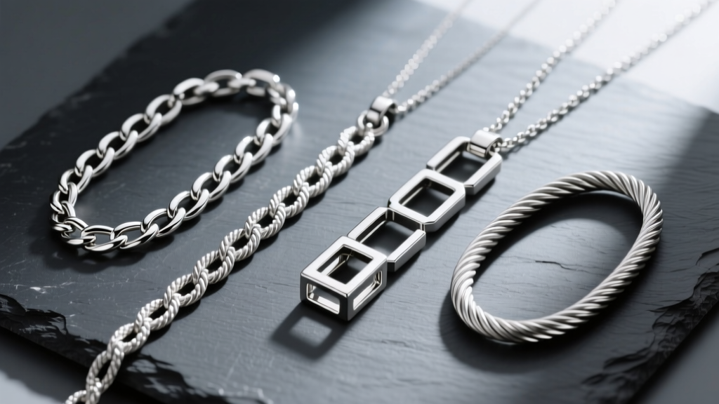 Overhead flat lay of four silver necklace chain styles including curb, rope, box, and cable, arranged on a dark slate background.