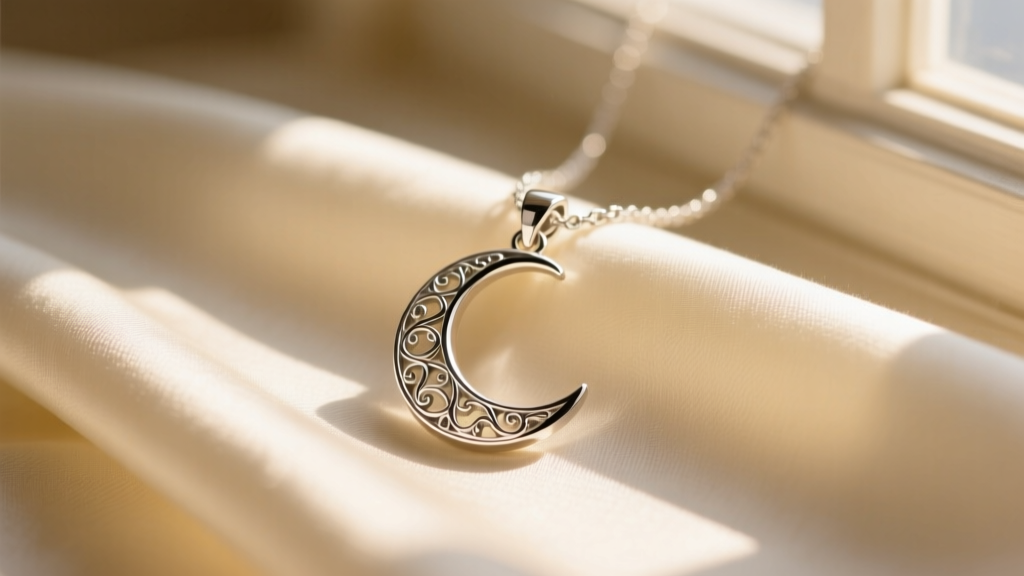 Close-up of a 925 sterling silver crescent moon pendant necklace resting on cream silk fabric in warm natural sunlight.