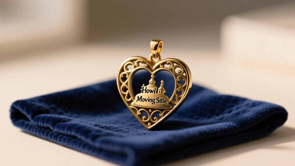 Close-up of a brass Howl Moving Castle heart pendant resting on a blue velvet cleaning cloth under soft, warm studio lighting