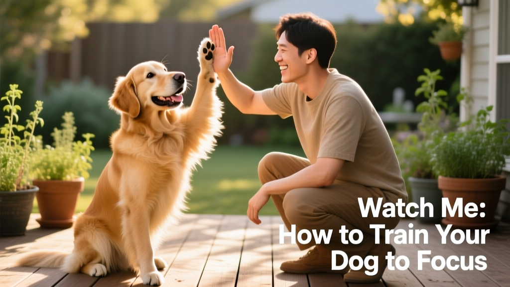 Happy dog and smiling owner celebrating with a high-five gesture after successful 'watch me' training session