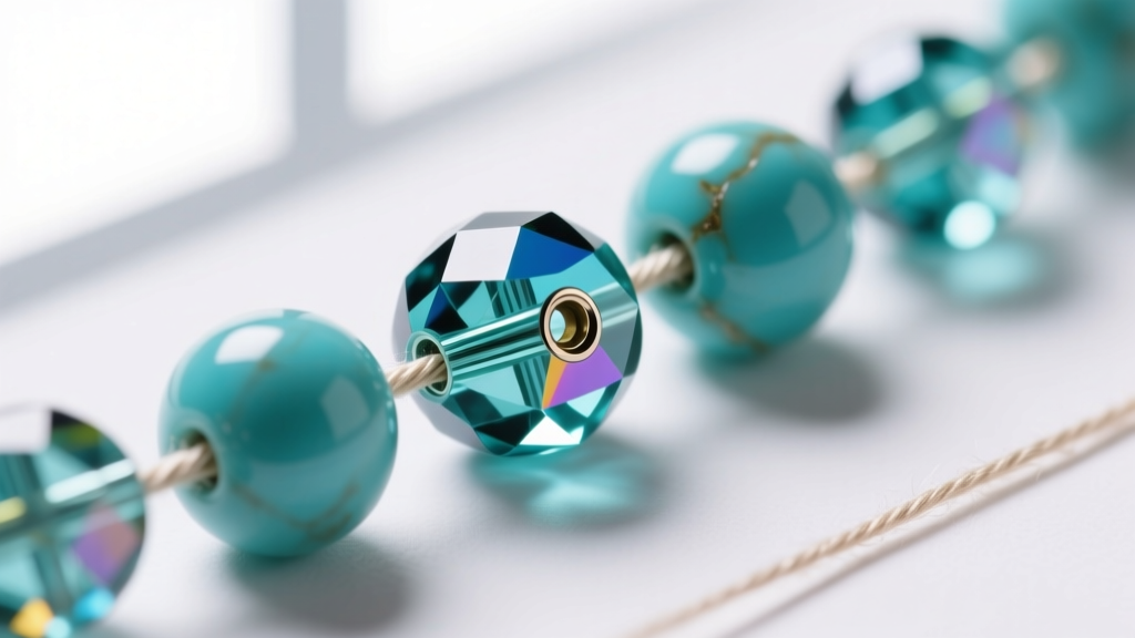 Macro close-up of faceted Czech glass beads and natural turquoise strung on nylon thread, highlighting drill hole quality and polish