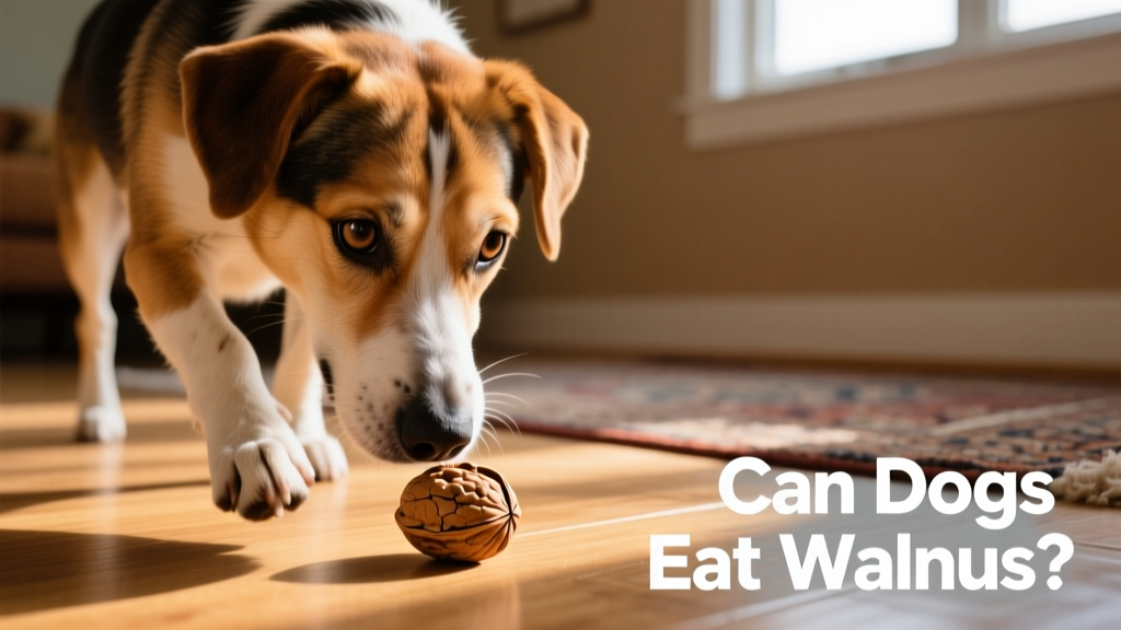 A dog cautiously sniffing a single walnut on the floor