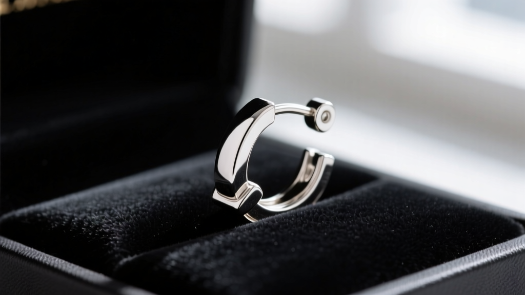 Macro shot of a polished .925 sterling silver leverback earring clasp snapped shut, resting on a dark velvet jewelry display pad.
