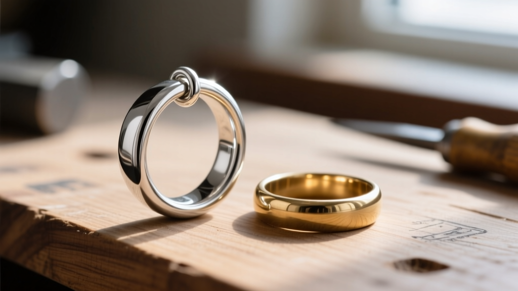 Macro view of a cleanly soldered sterling silver jump ring next to an open brass jump ring on a wooden workbench.