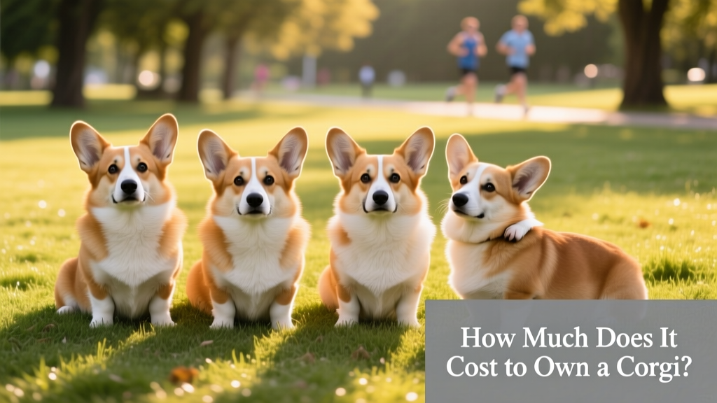 a group of four corgis sat next to each other in a grassy park