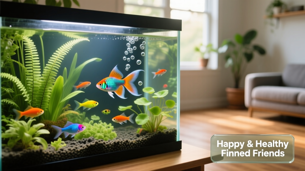 A well-lit, neatly arranged home aquarium with colorful fish swimming among live plants and gentle filtration bubbles